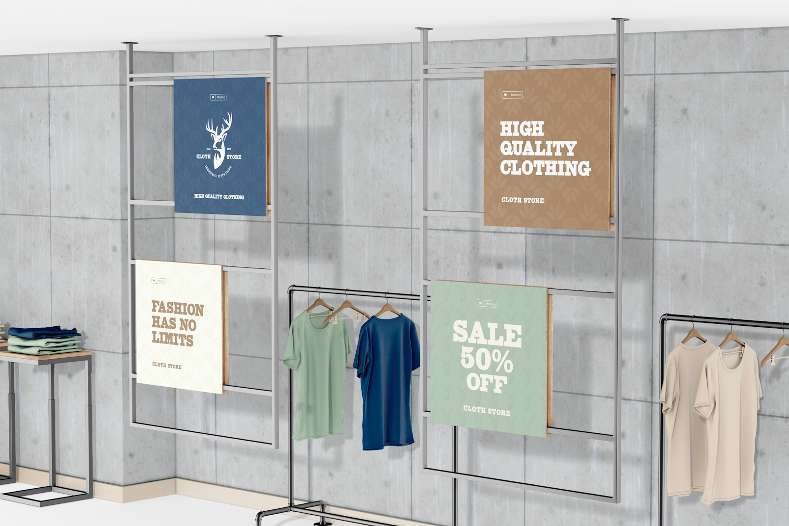 Industrial Clothing Exhibitor Mockup, Left View