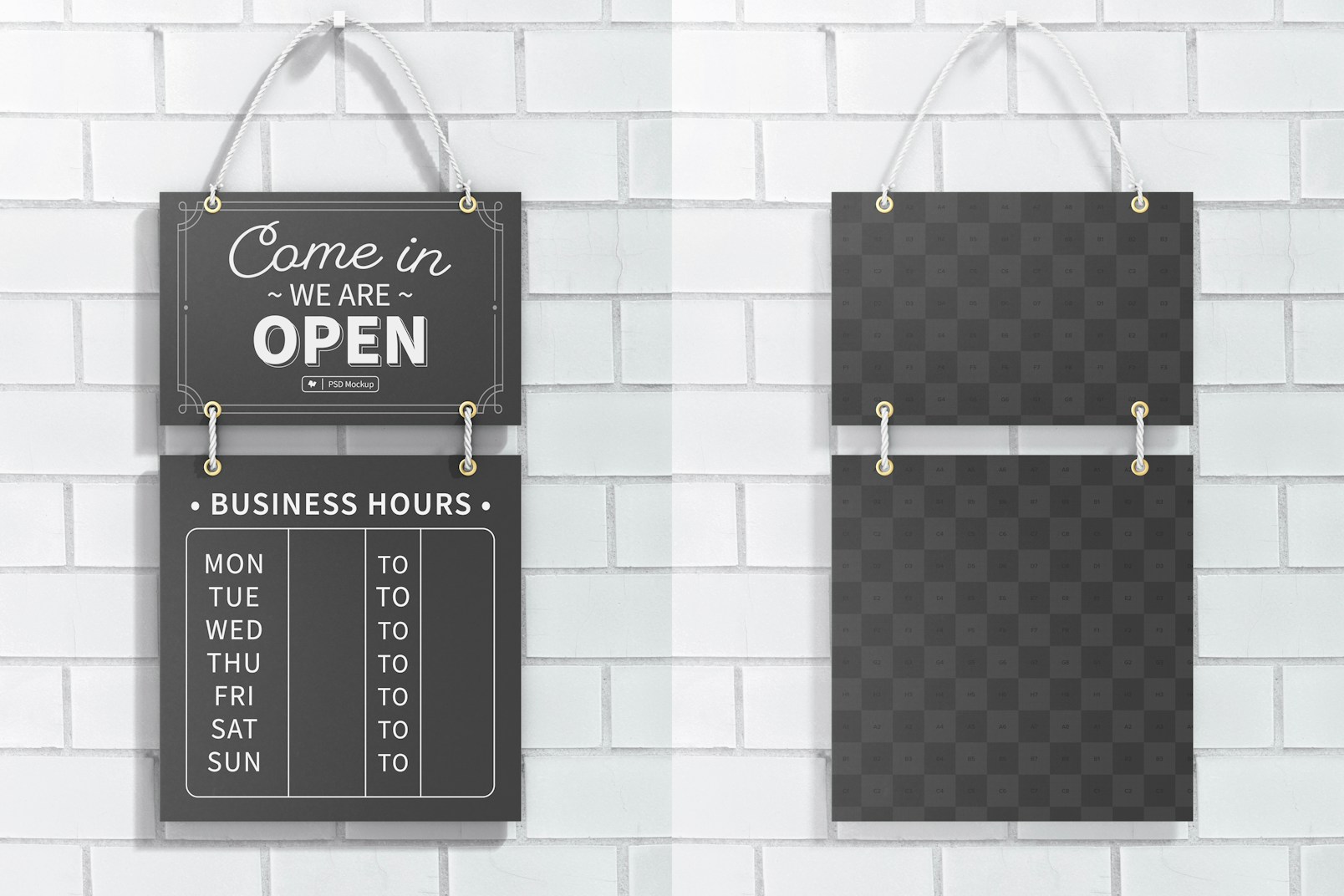 Business Hours Hanging Sign Mockup, Front View