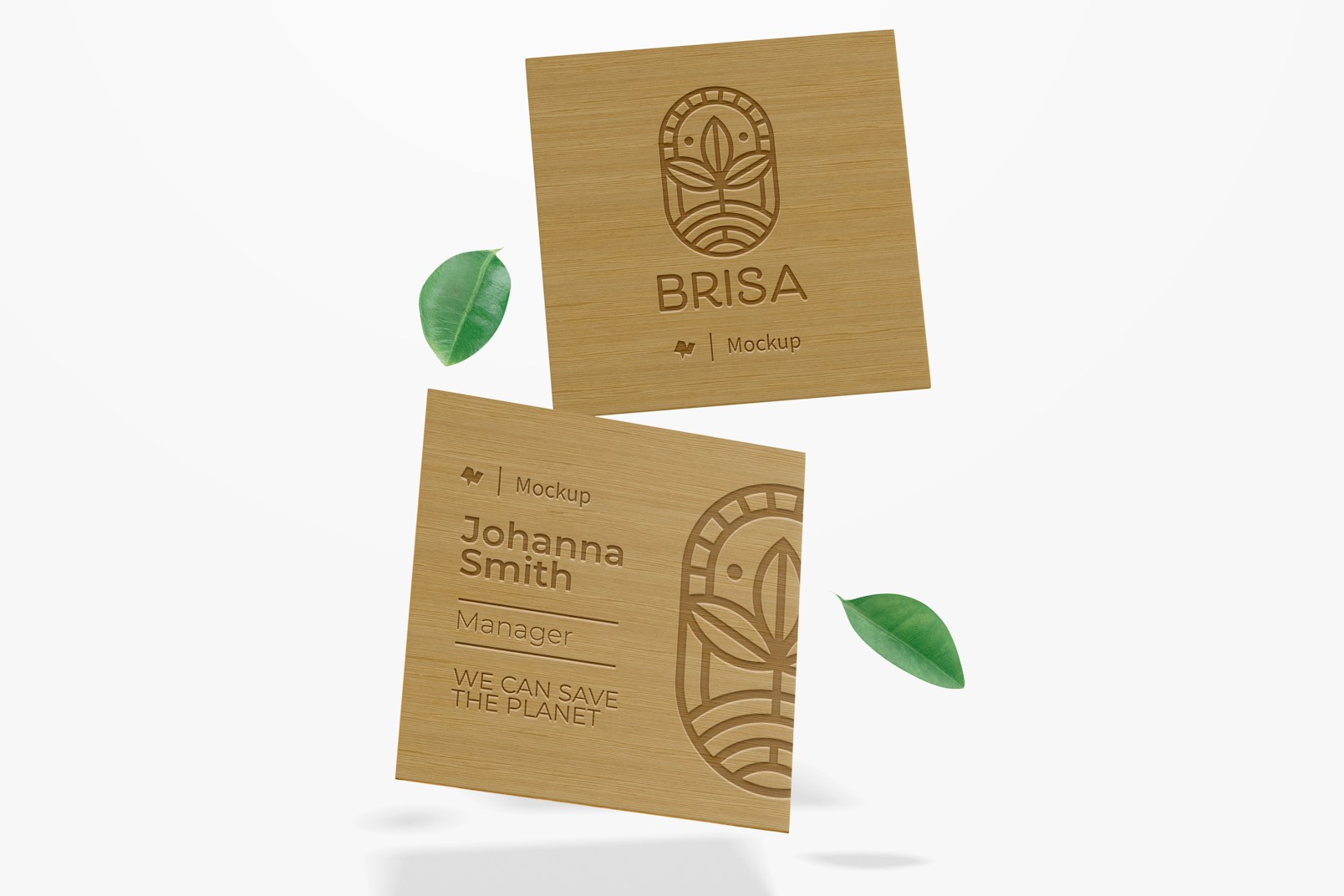 Square Bamboo Business Cards Mockup, Floating