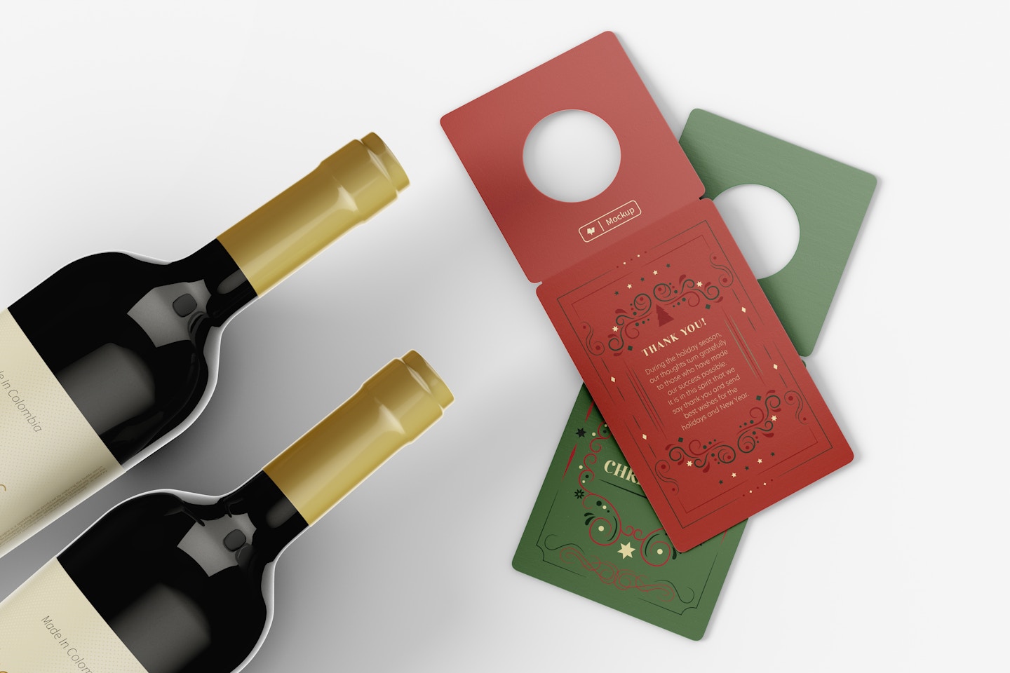 Wine Bottle Gift Tags Mockup, Top View