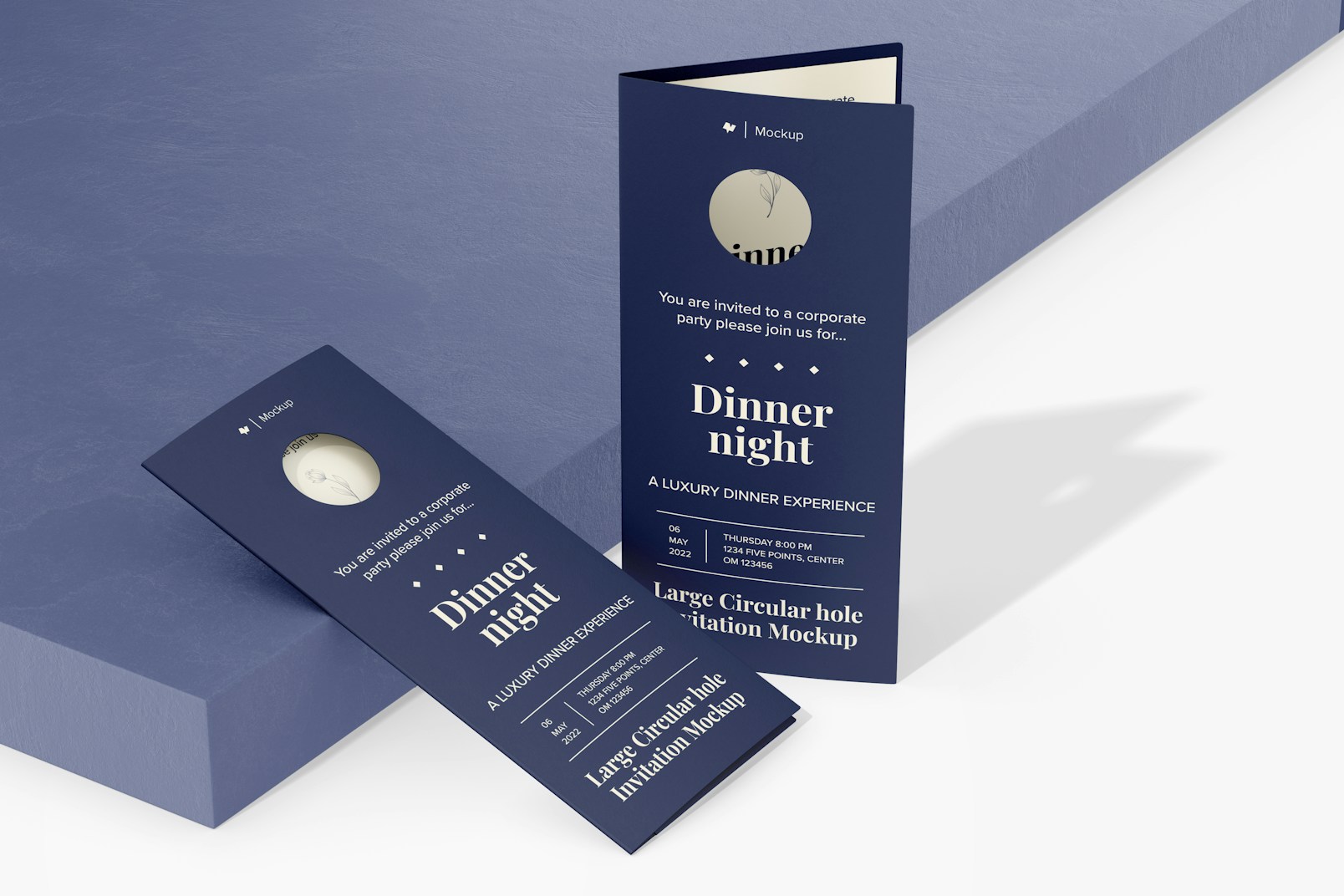 Large Circular Hole Invitation Mockup, Standing and Dropped