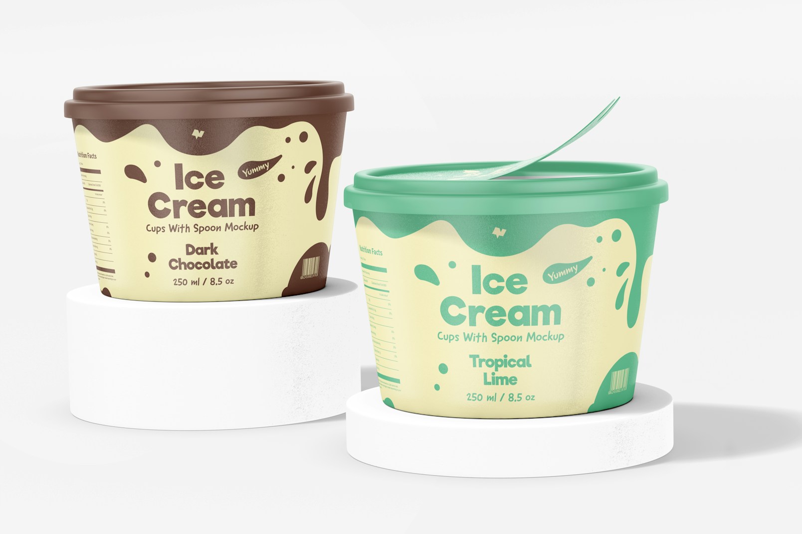 Ice Cream Cups With Spoon Mockup, Front View