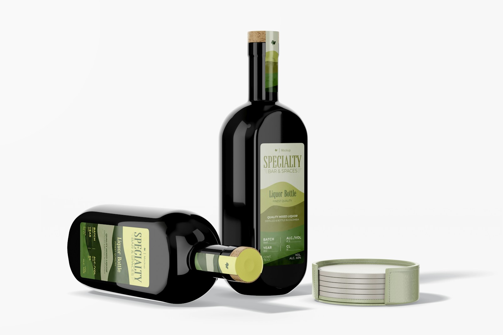 Liquor Bottles Mockup, Standing and Dropped