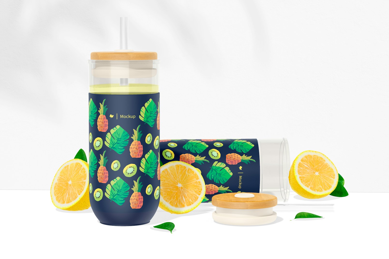 Smoothie Cups with Silicone Sleeve Mockup, Standing and Dropped
