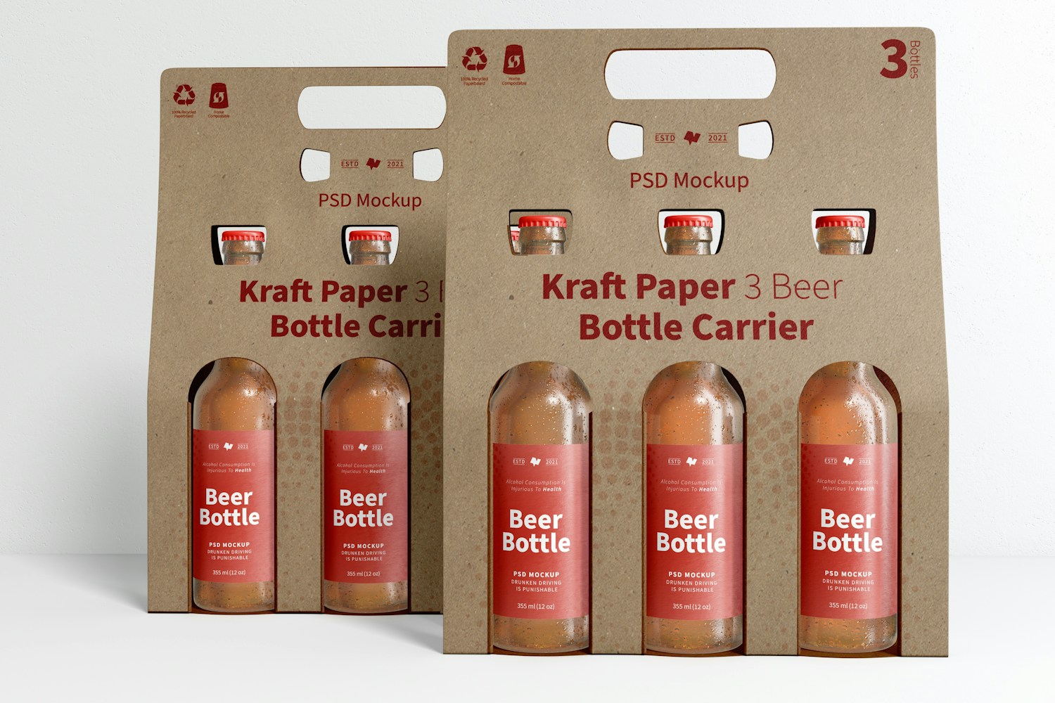 Kraft Paper 3 Beer Bottle Carrier Mockup, Front View