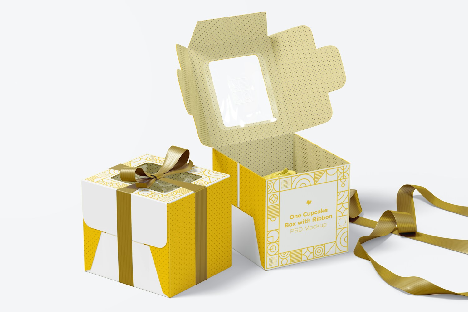 One Cupcake Box with Ribbon Mockup, Opened and Closed One Cupcake Box with Ribbon Mockup, Opened and Closed