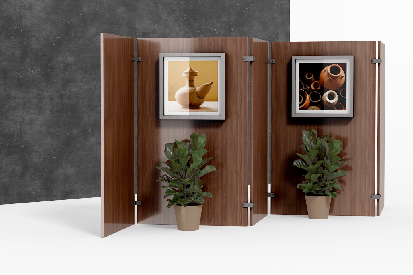 Art Gallery Wood Display Panel with Pots Mockup