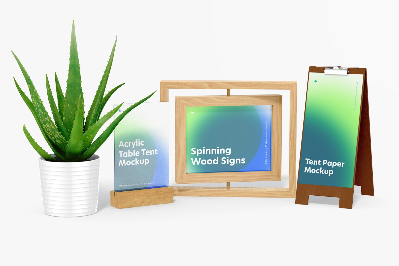Wooden Table Tent Scene with a Plant Pot Mockup