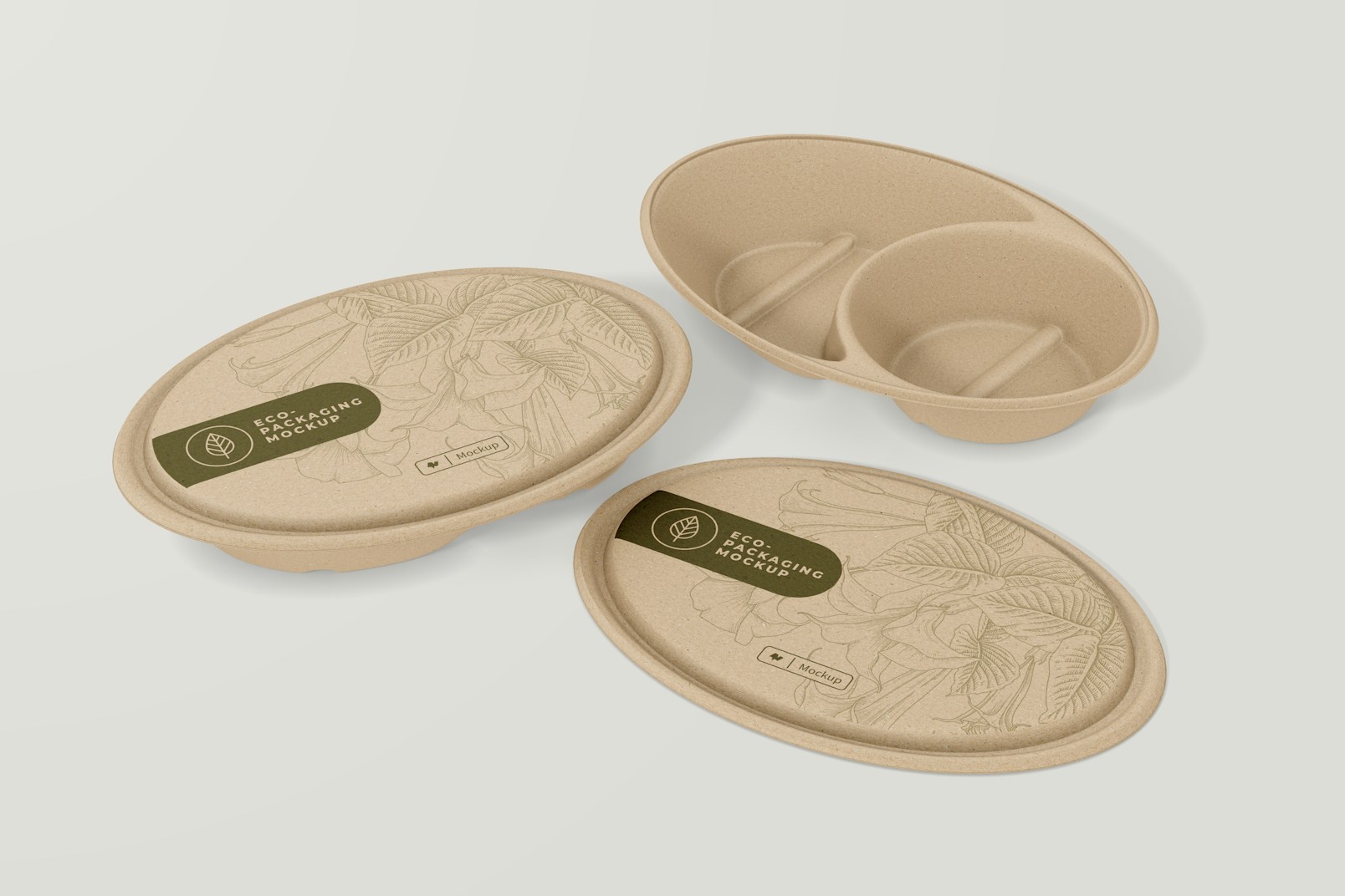 Oval Food Containers Mockup, Opened and Closed