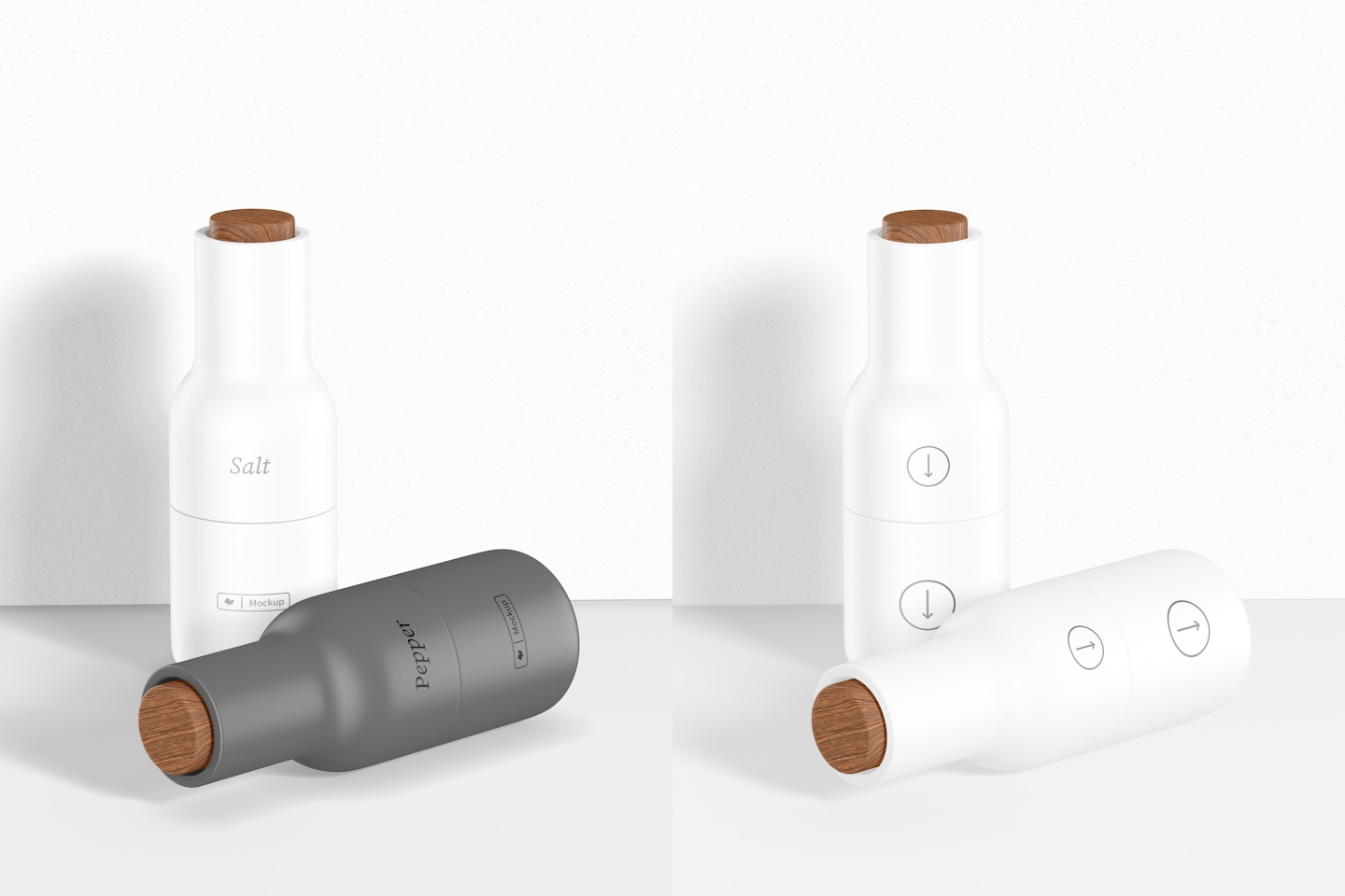 Salt and Pepper Grinder Mockup, Standing and Dropped