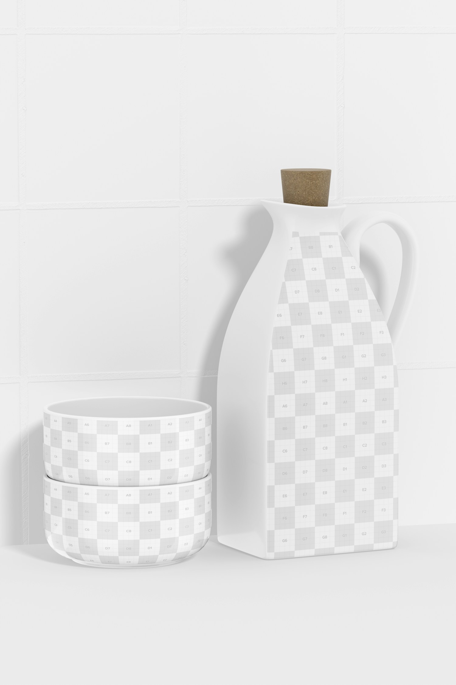 Ceramic Oil Bottle with Bowls Mockup