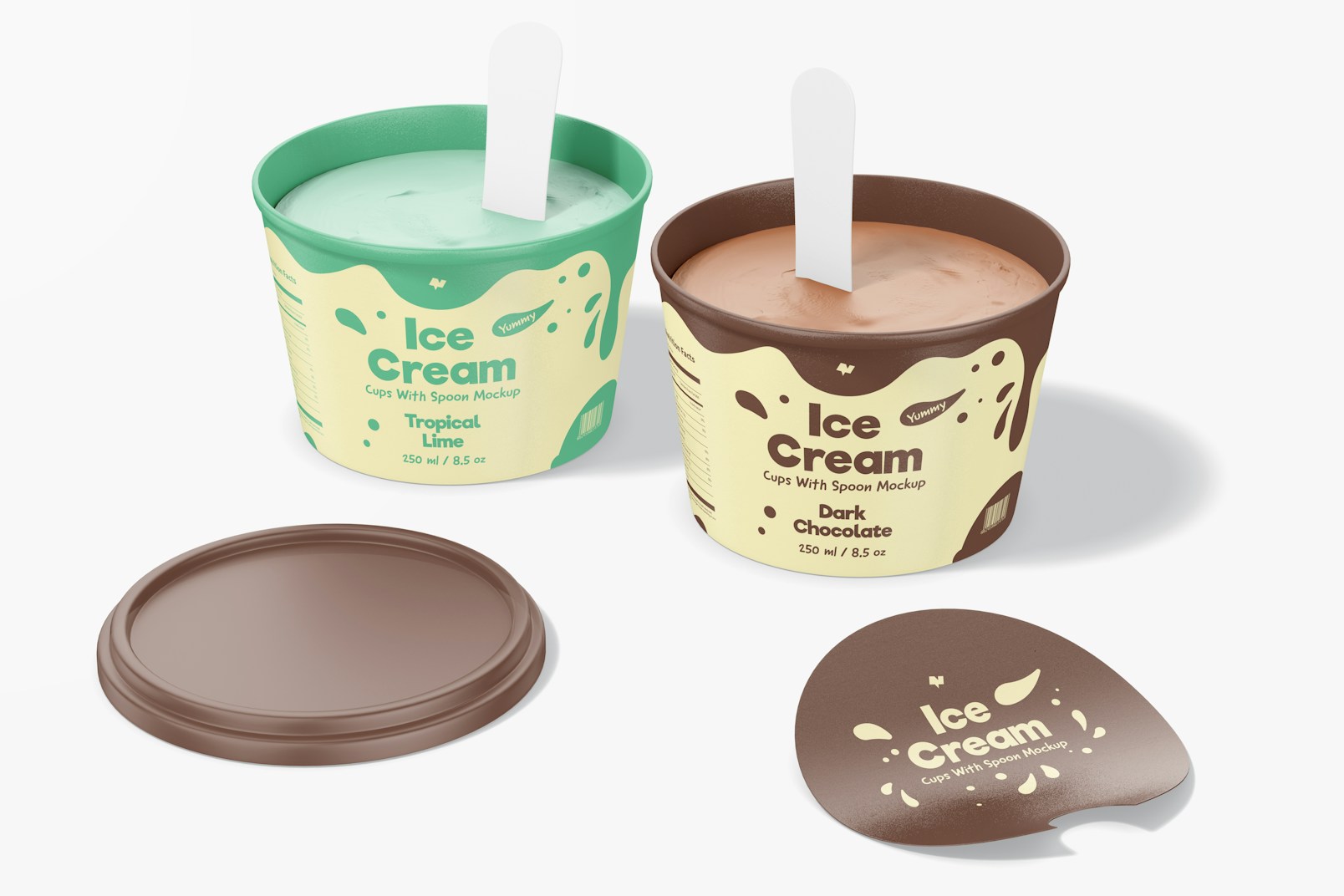Ice Cream Cups With Spoon Mockup, Opened
