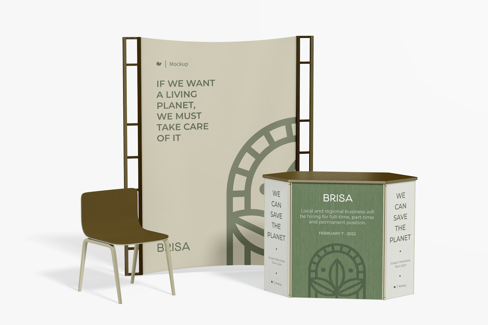 Wood Promotional Counter Mockup, with Chair