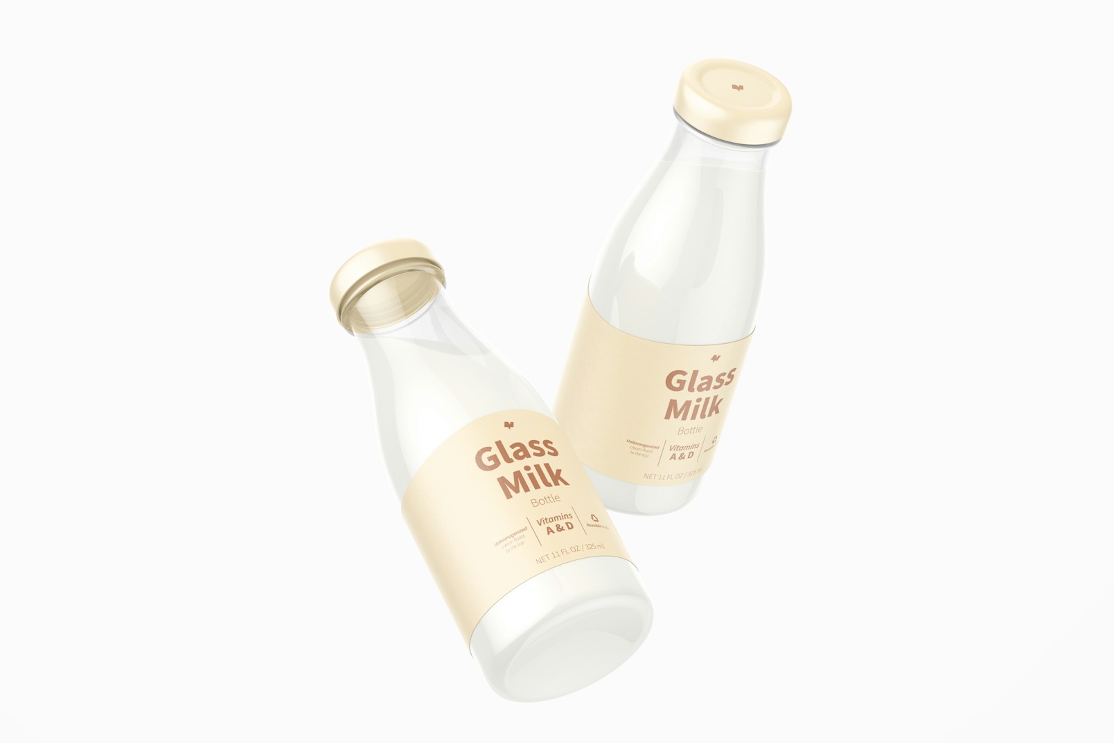11 oz Glass Milk Bottles Mockup, Floating