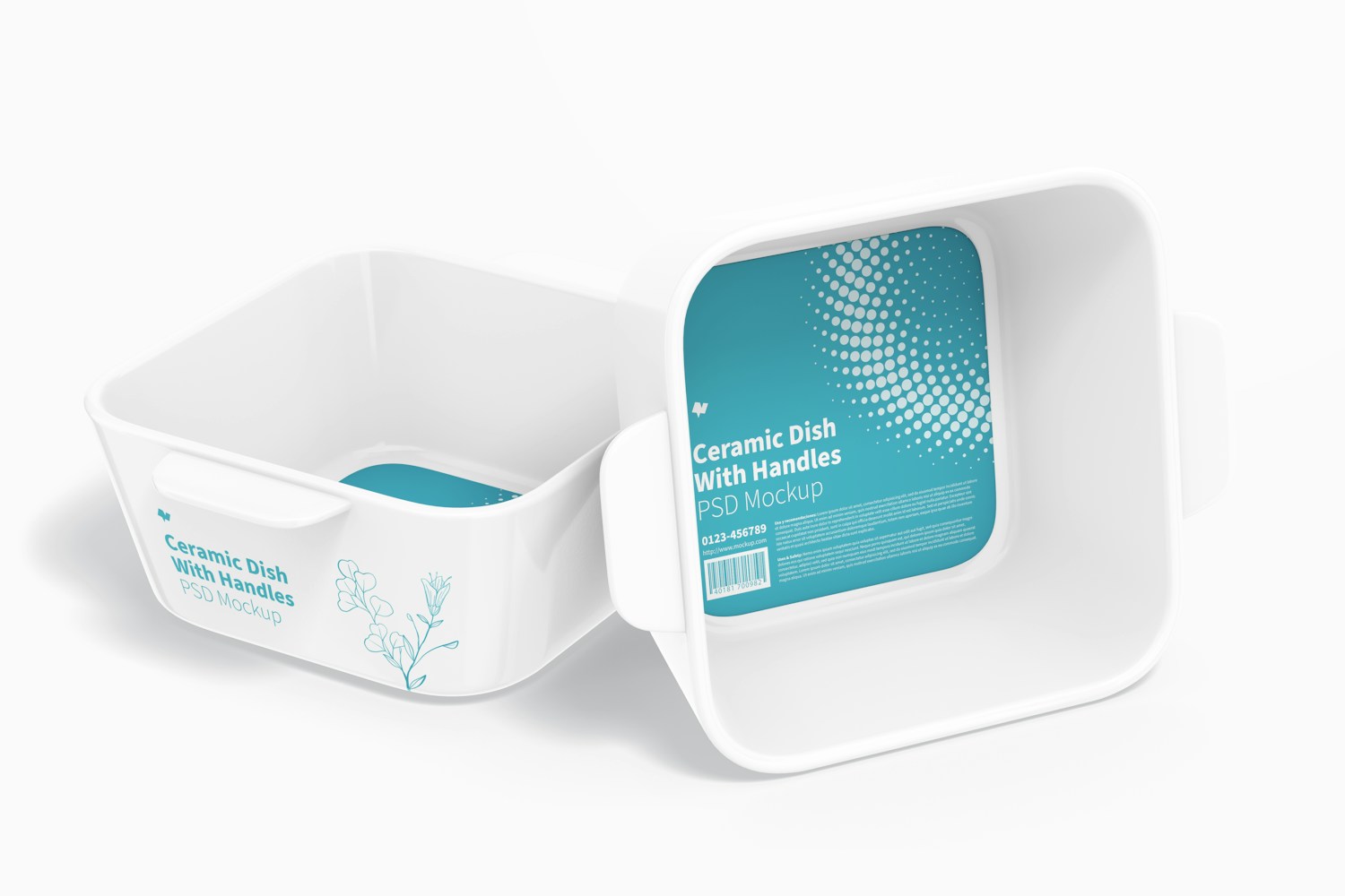 Square Ceramic Dishes with Handles Mockup, Standing and Leaned Square Ceramic Dishes with Handles Mockup, Standing and Leaned