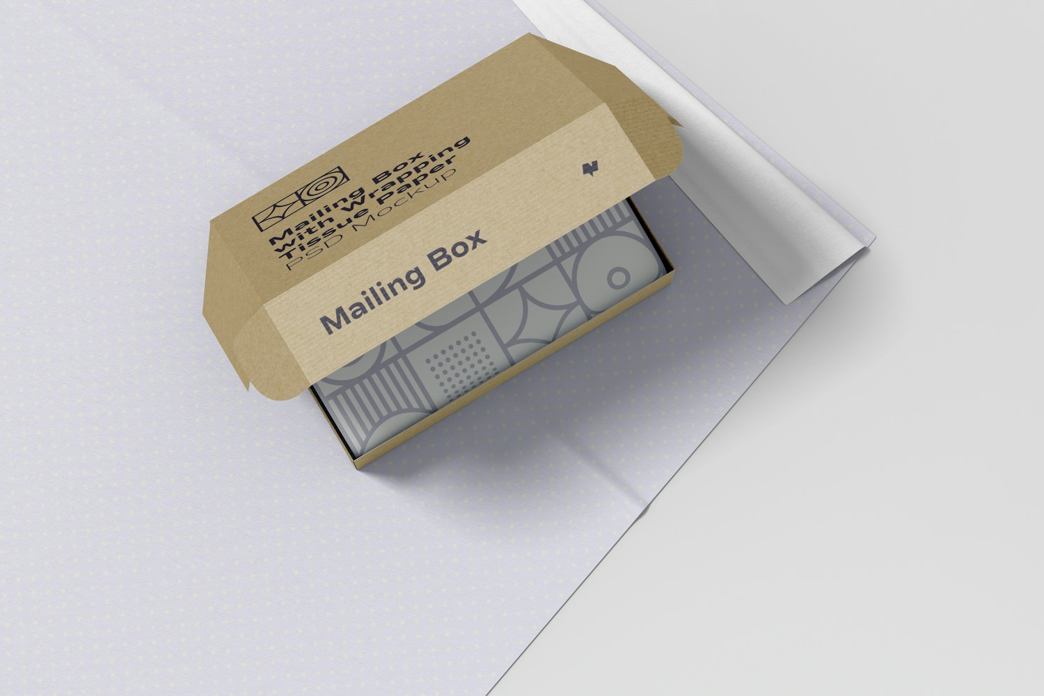 Mailing Box with Wrapping Tissue Paper Mockup, Top View