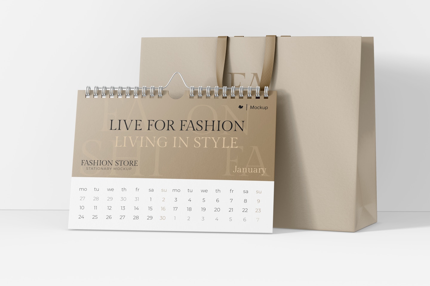 Fashion Store Rectangular Calendar Mockup, with Bag