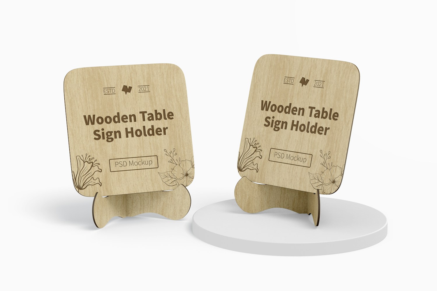 Wooden Table Sign Holders Mockup, Front View