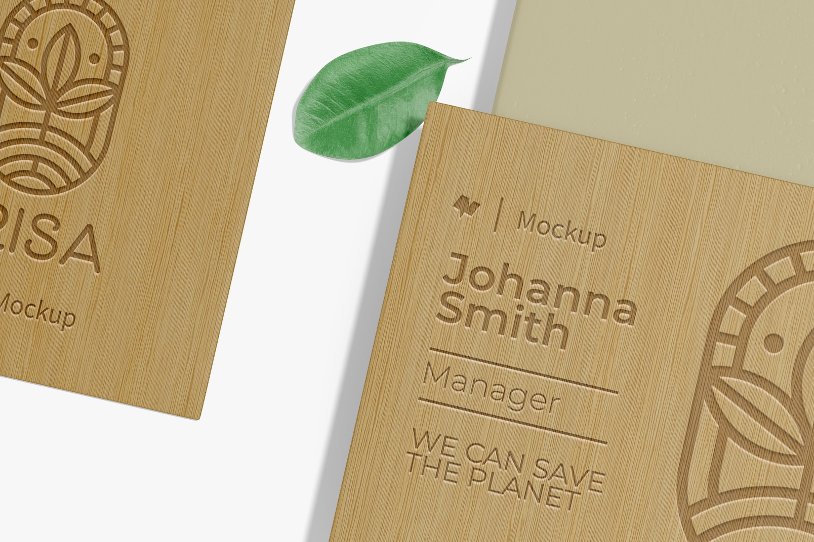 Square Bamboo Business Cards Mockup, Close Up