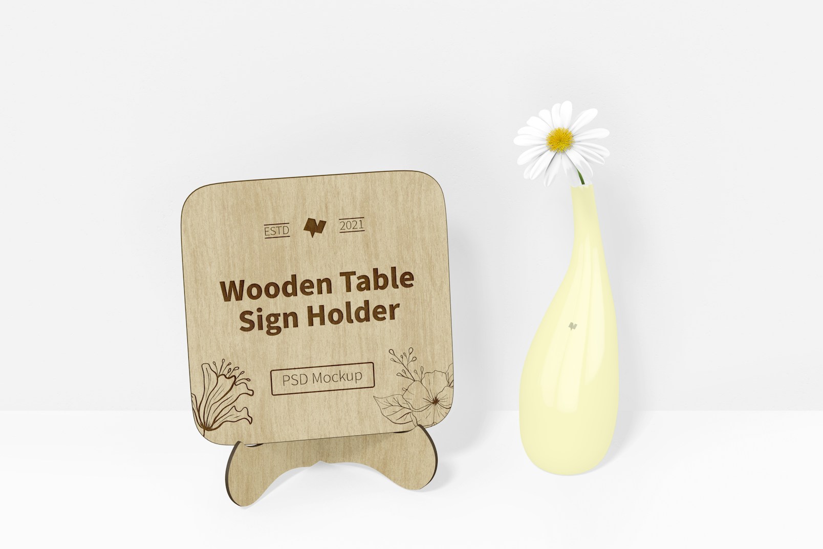 Wooden Table Sign Holder Mockup, Perspective