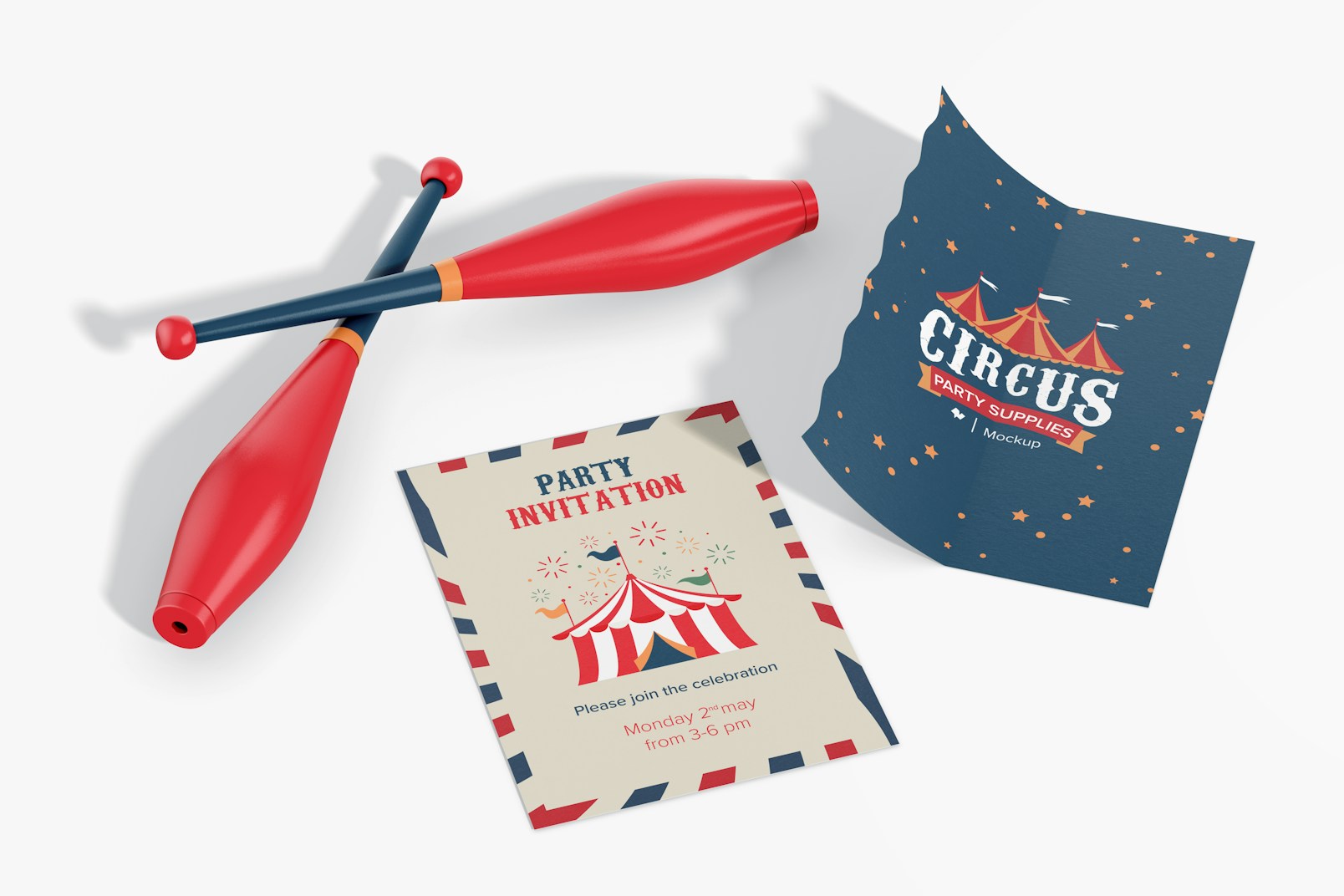 Circus Party Invitation Cards Mockup, High Angle View