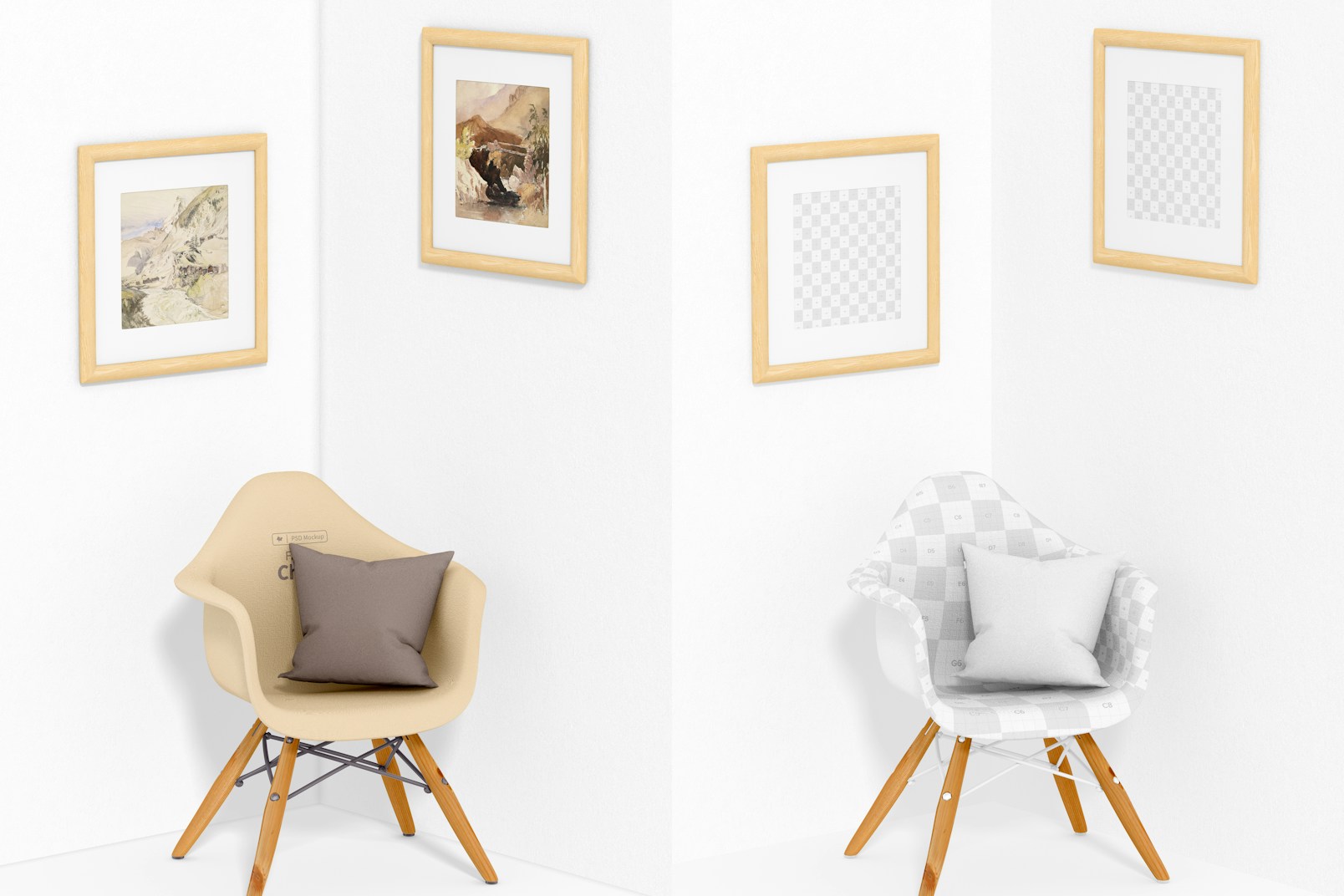 Square Frames with Fabric Chair Mockup, Perspective