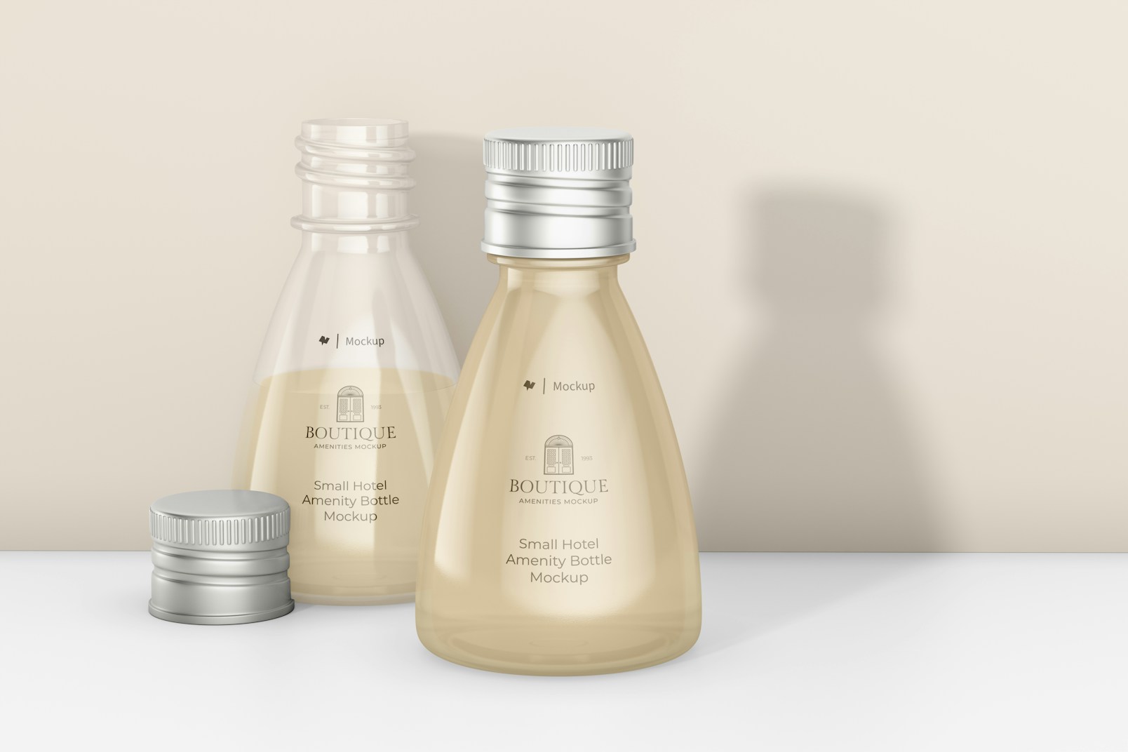 Small Hotel Amenity Bottles Mockup, Perspective