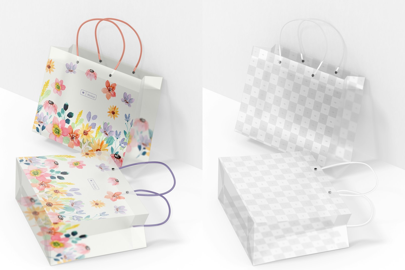 Clear Shopping Bags Mockup, Leaned and Dropped