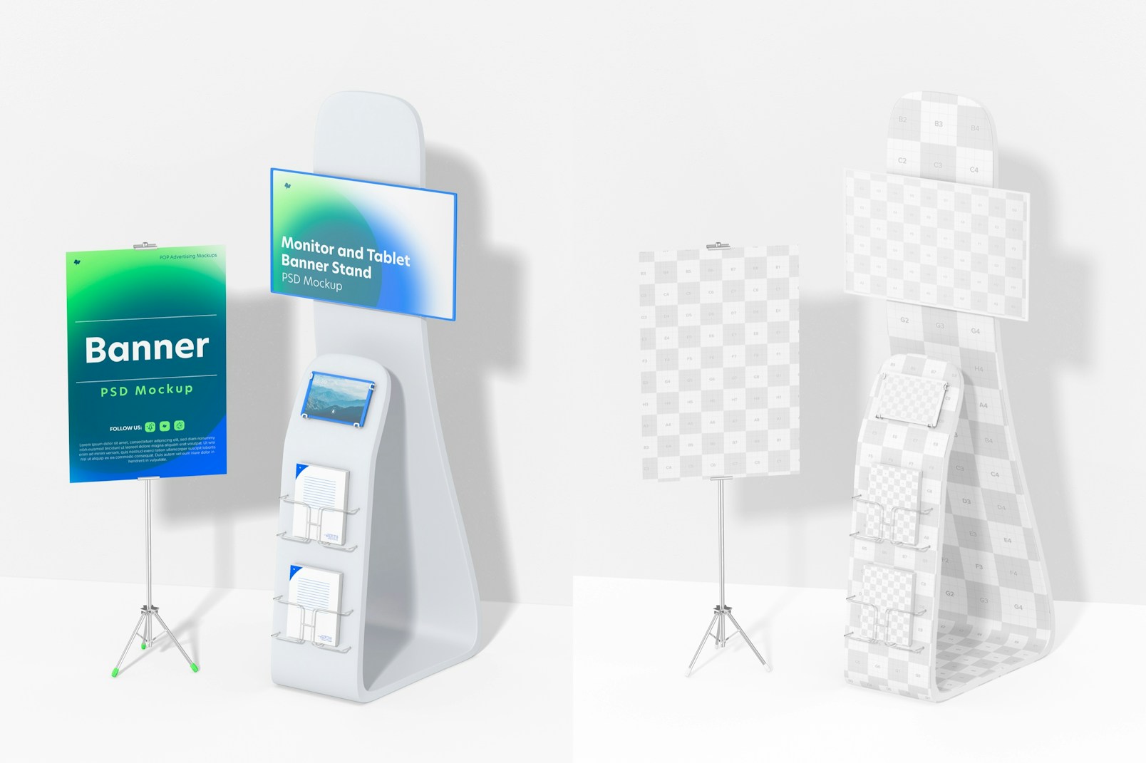 Monitor and Tablet Banner Stand Mockup