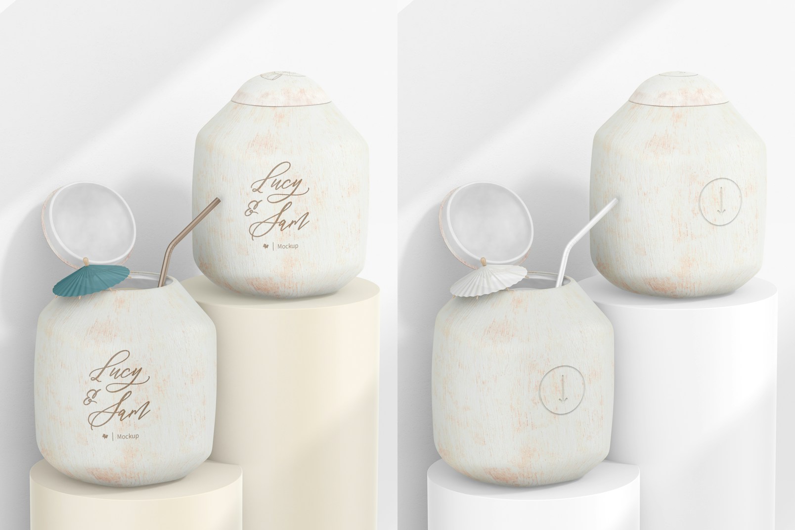 Customizable Coconuts Mockup, Opened and Closed