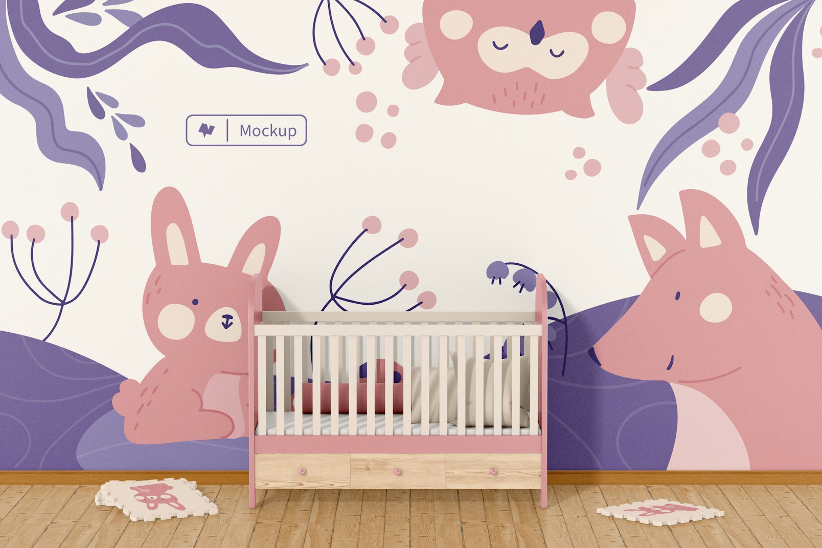 Baby Room Wall with Crib Mockup, Front View