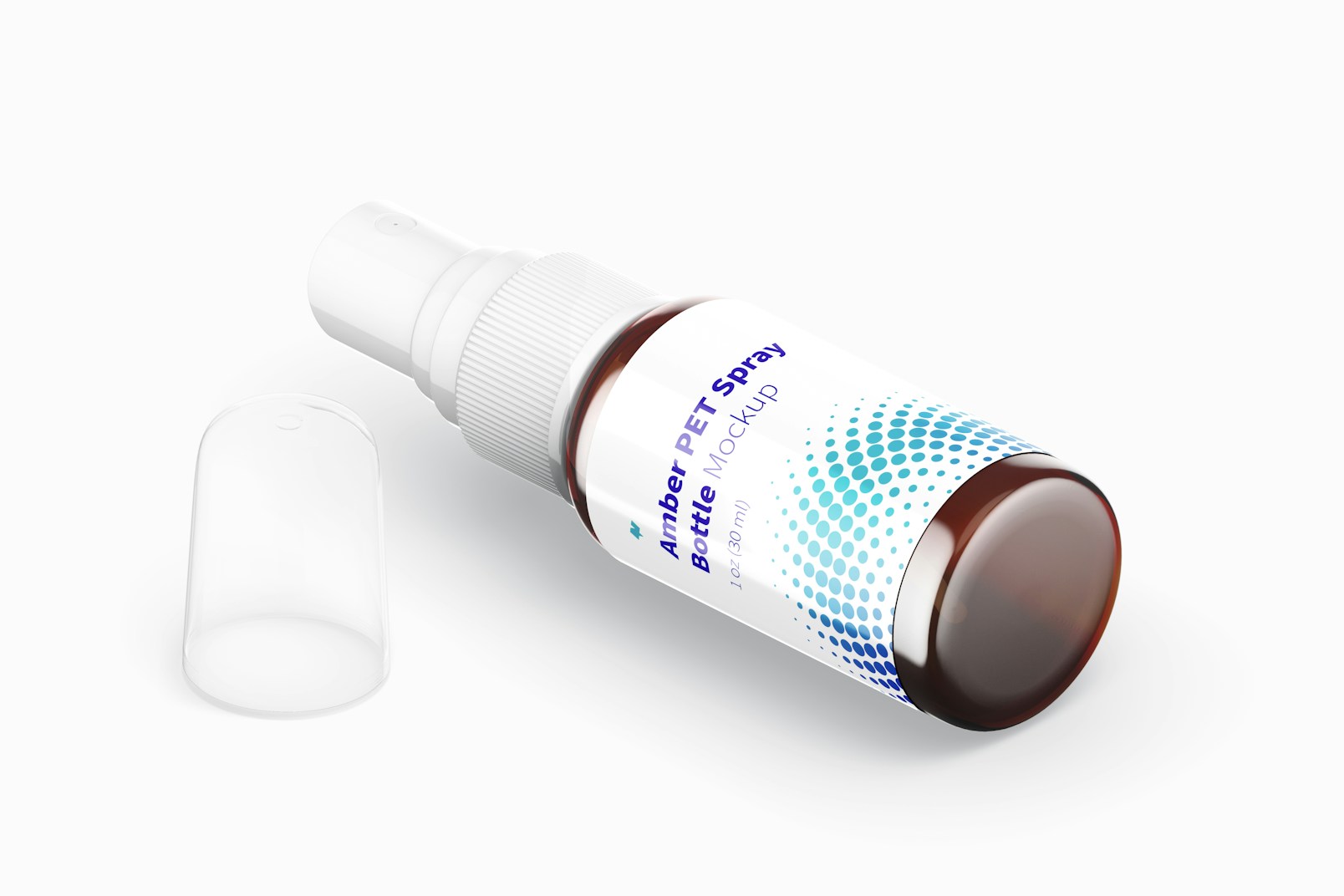 Maqueta de Botella Amber PET con Spray de 1 oz, Vista Isométrica Abierto
