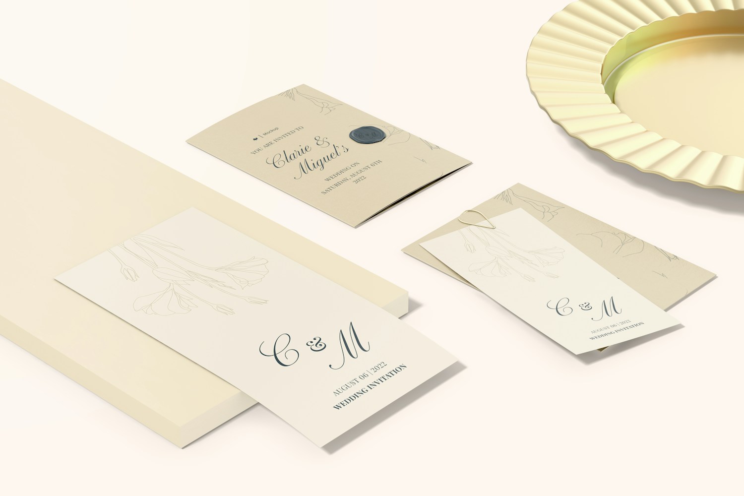 Luxury Wedding Cards Scene Mockup, Side View Luxury Wedding Cards Scene Mockup, Side View