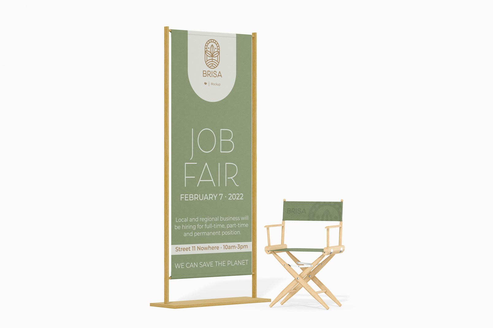 Bamboo Printed Banner Mockup, with Chair