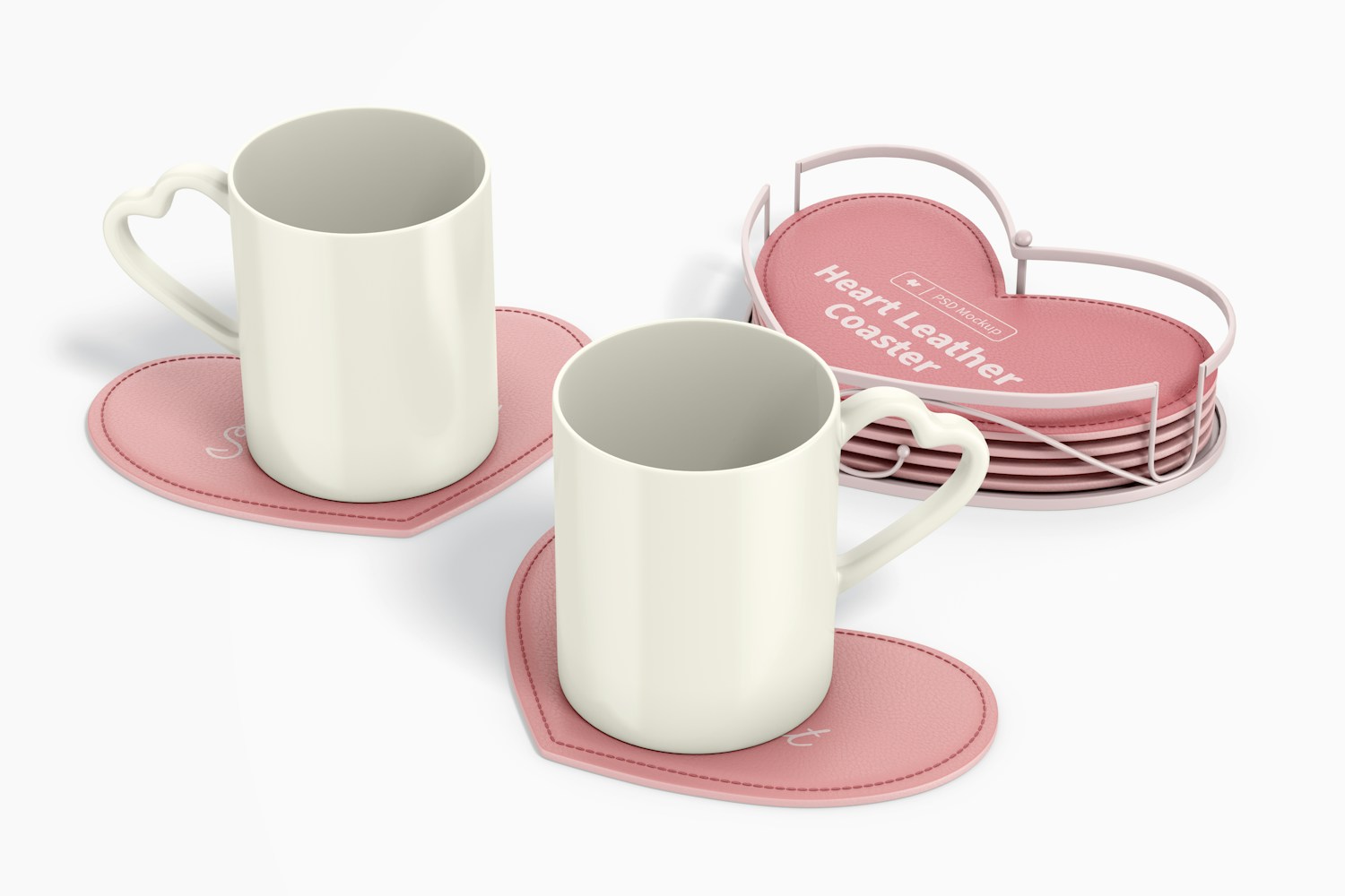 Heart Leather Coasters with Mugs Mockup