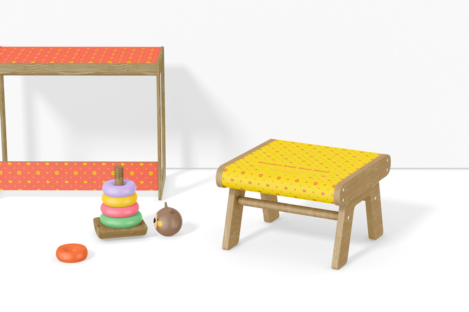 Wooden Kids Step Stools Mockup, Standing and Dropped