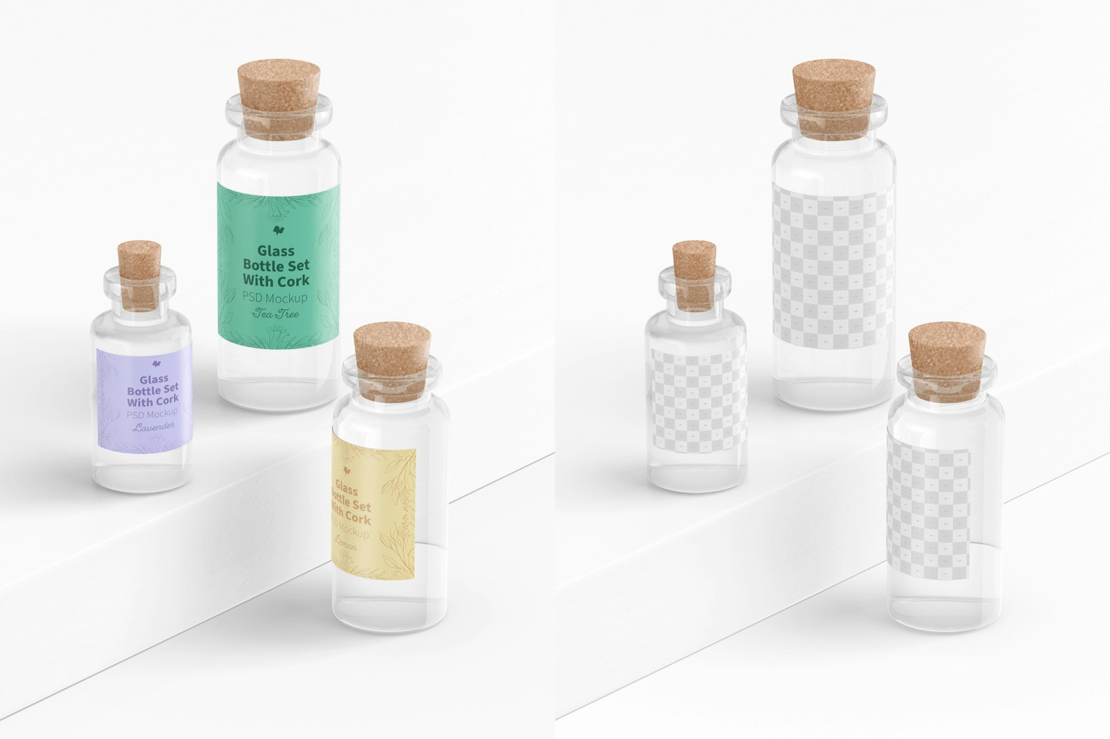 Glass Bottle Set with Cork Mockup, Left View