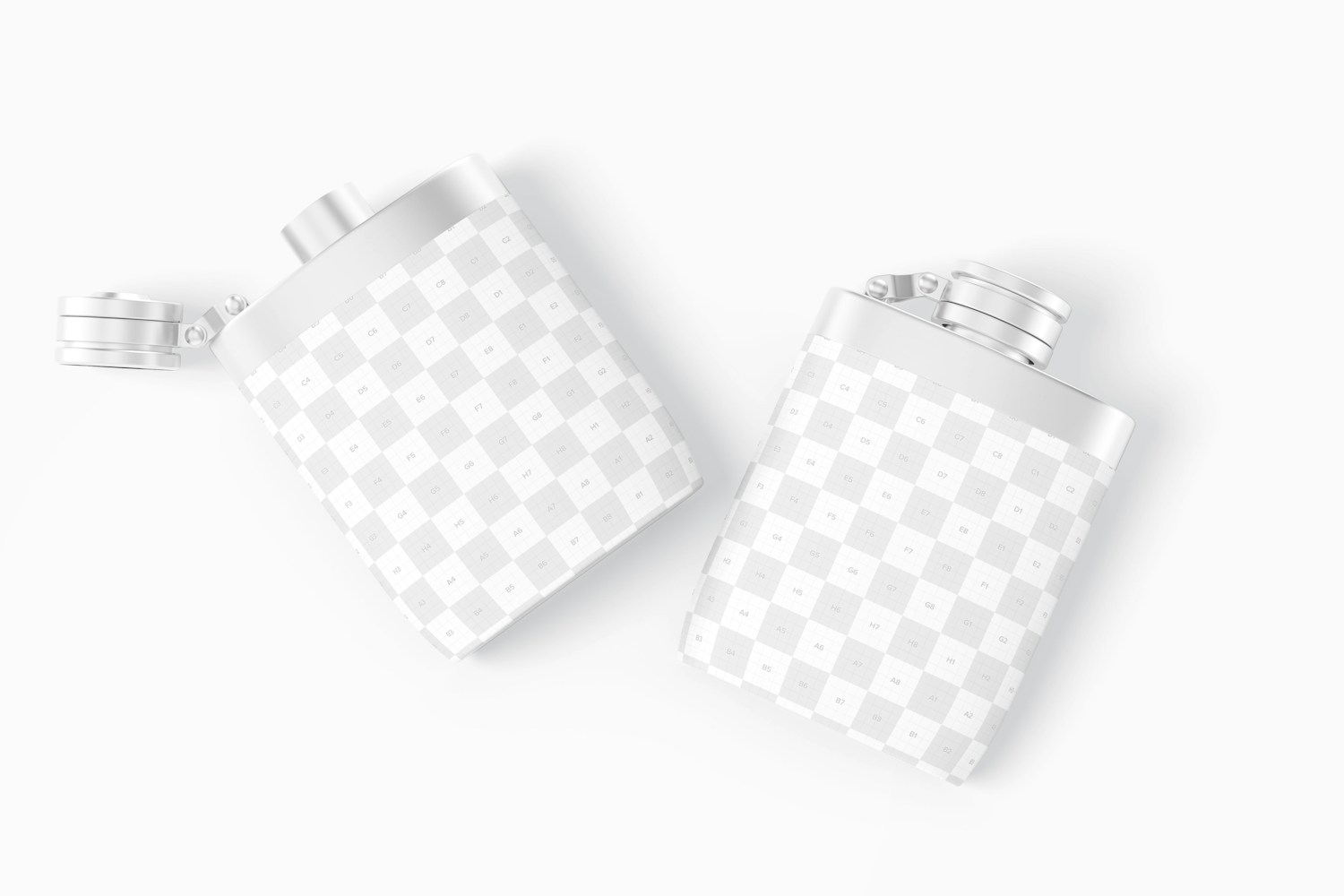 Liquor Flasks With Plastic Wrap Mockup, Top View Liquor Flasks With Plastic Wrap Mockup, Top View