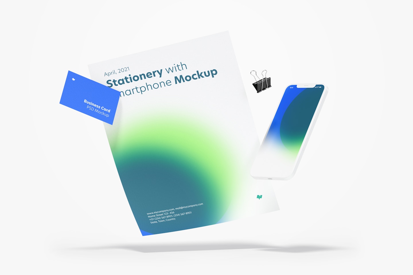 Stationery with Smartphone Mockup, Floating