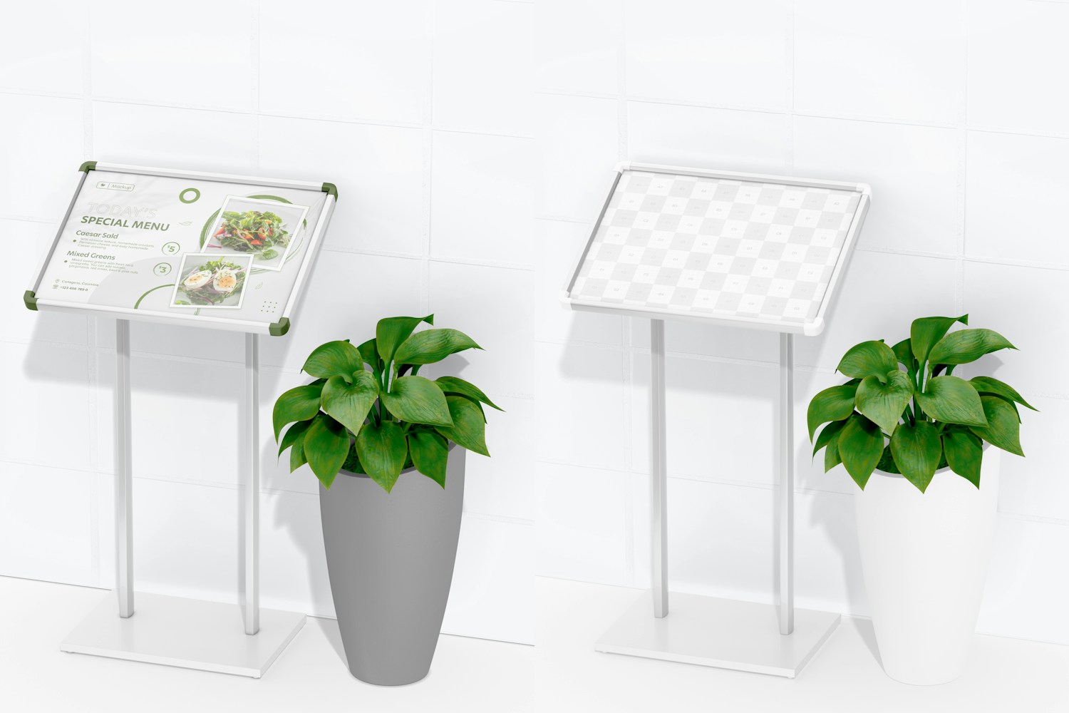 A2 Standard Menu Stand Mockup, with Plant A2 Standard Menu Stand Mockup, with Plant