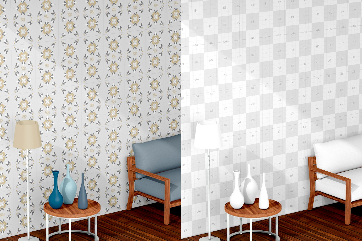 Living Room Ceramic Tile Scene Mockup, Perspective