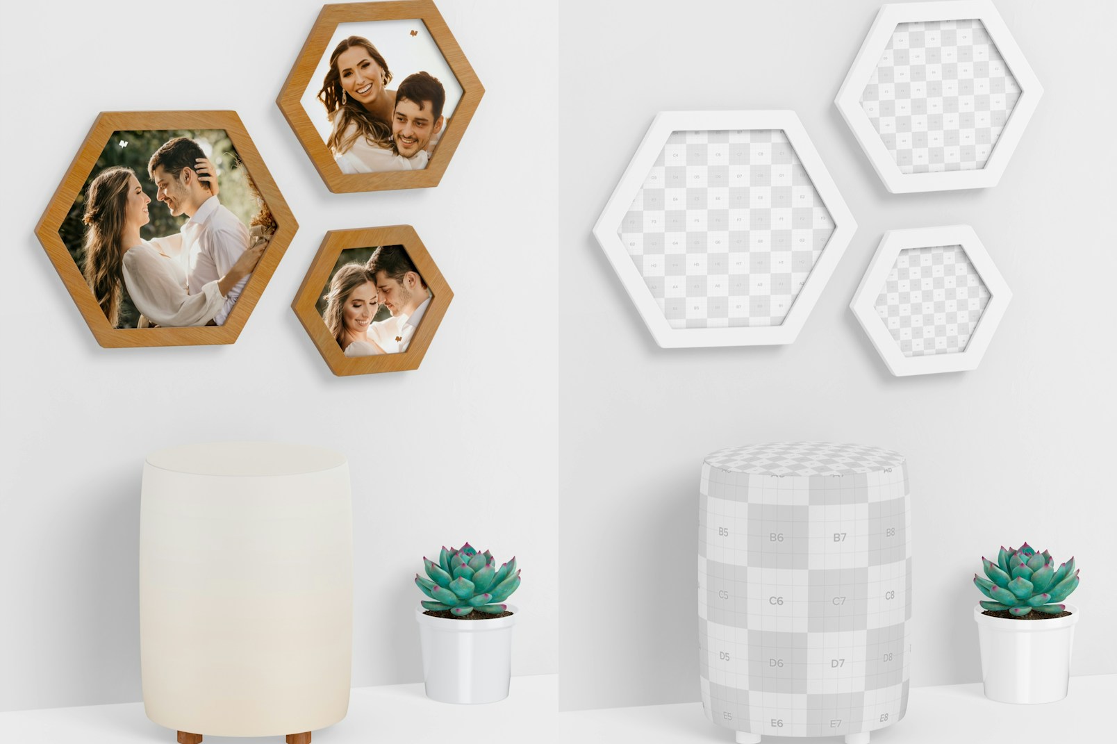 Hexagon Wall Photo Frames with Pouf Mockup
