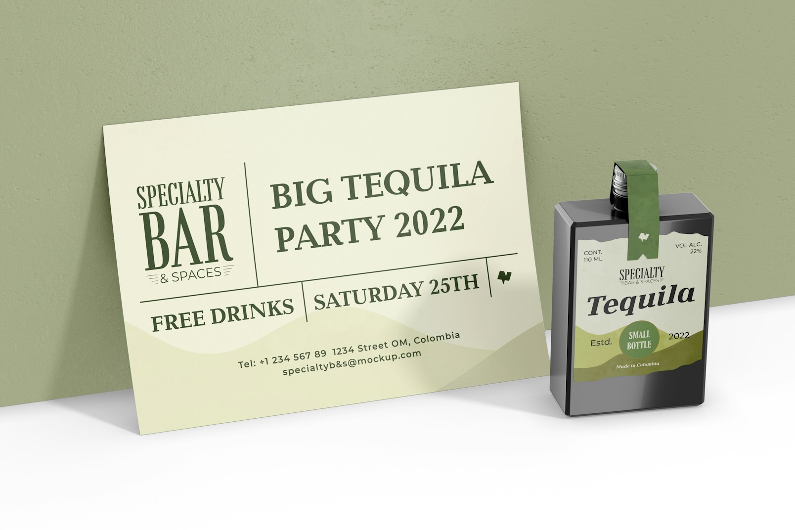 Small Tequila Bottle with Stationery Mockup, Leaned