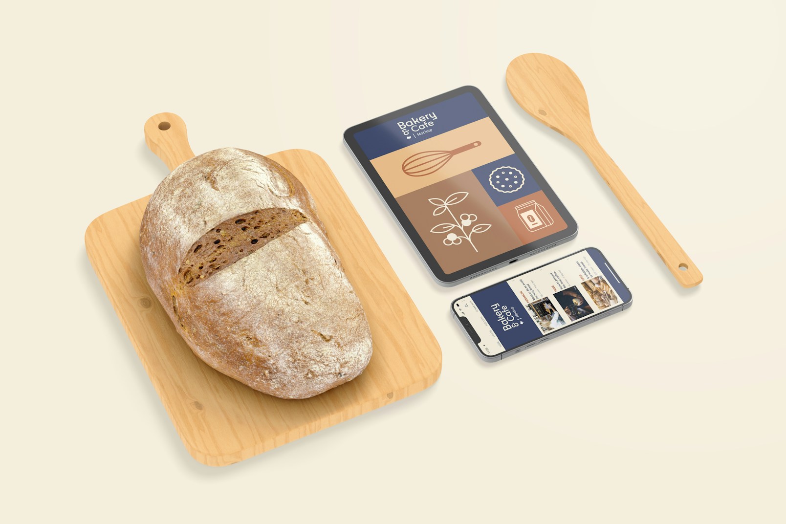 Bakery Items with Devices Mockup, Perspective