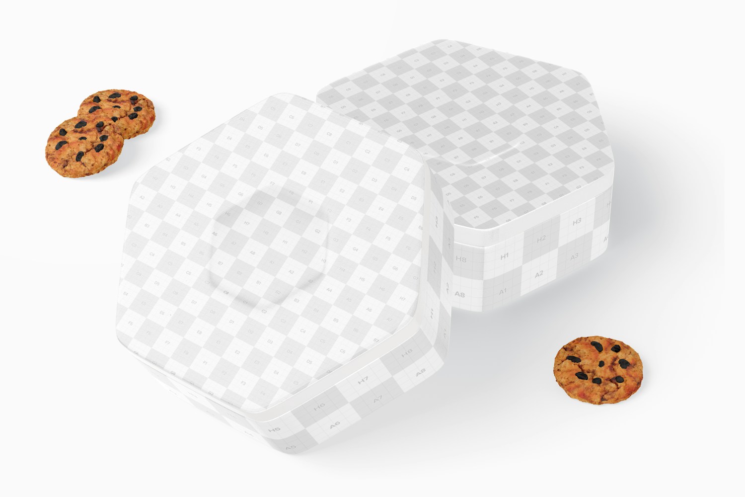 Hexagonal Cookies Tin Box Mockup, Leaned