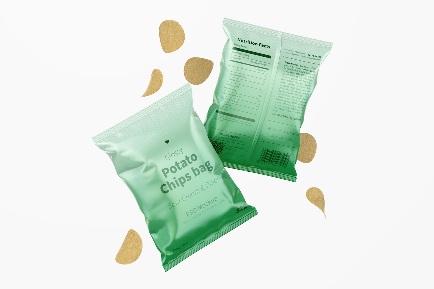 Glossy Chips Bags Mockup, Falling Glossy Chips Bags Mockup, Falling