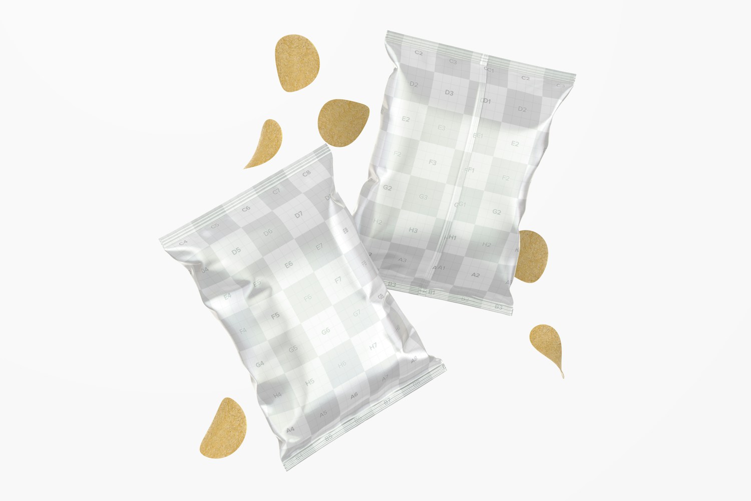 Glossy Chips Bags Mockup, Falling Glossy Chips Bags Mockup, Falling