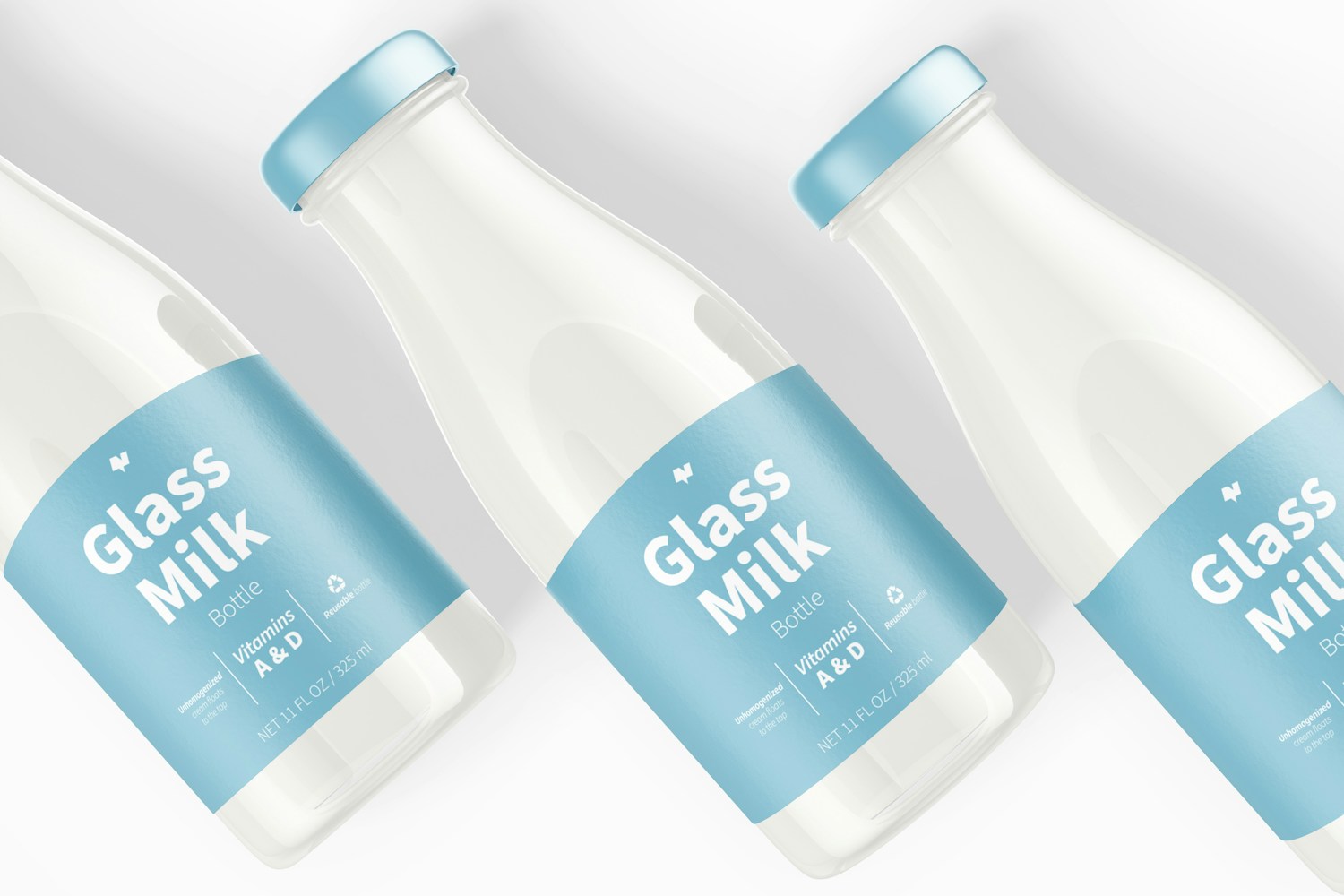 11 oz Glass Milk Bottles Mockup, Close Up 11 oz Glass Milk Bottles Mockup, Close Up