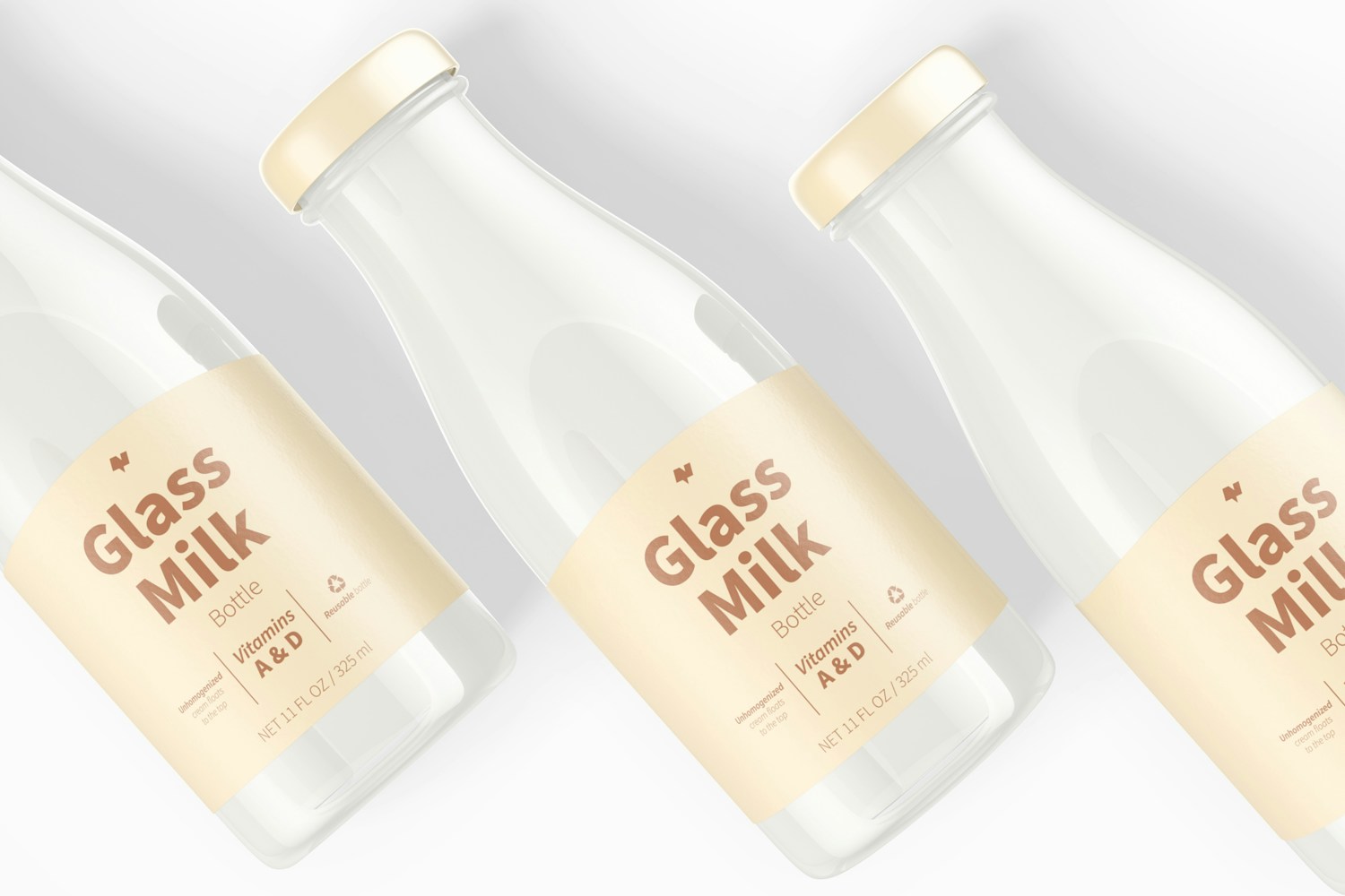 11 oz Glass Milk Bottles Mockup, Close Up 11 oz Glass Milk Bottles Mockup, Close Up