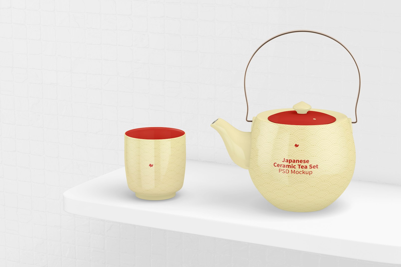 Japanese Ceramic Tea Set Mockup, Perspective View